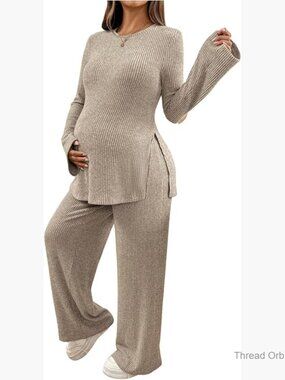 Maternity Two Piece Set Ribbed Long Sleeve Top Leggings Loose Fit